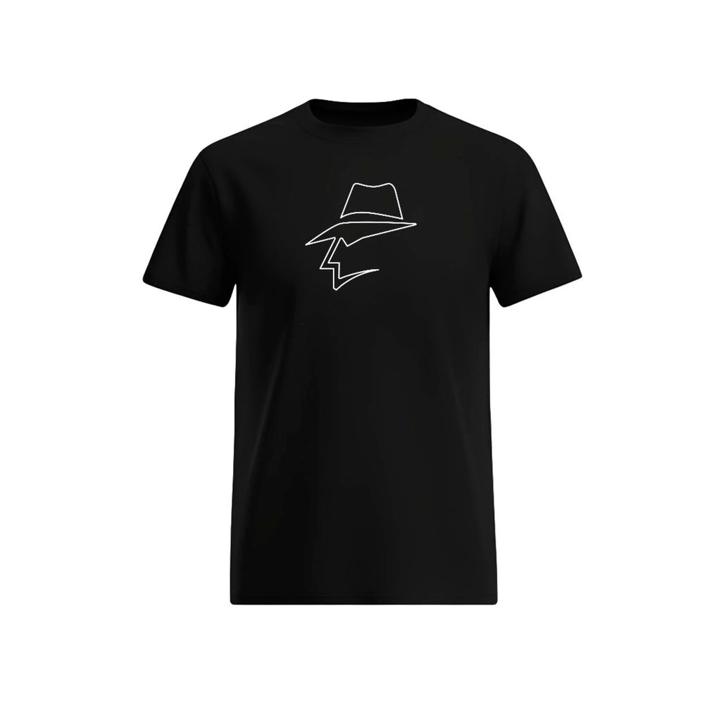 Black t-shirt with a white graphic design on a white background