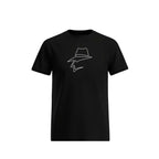 Black t-shirt with a head logo design on a white background