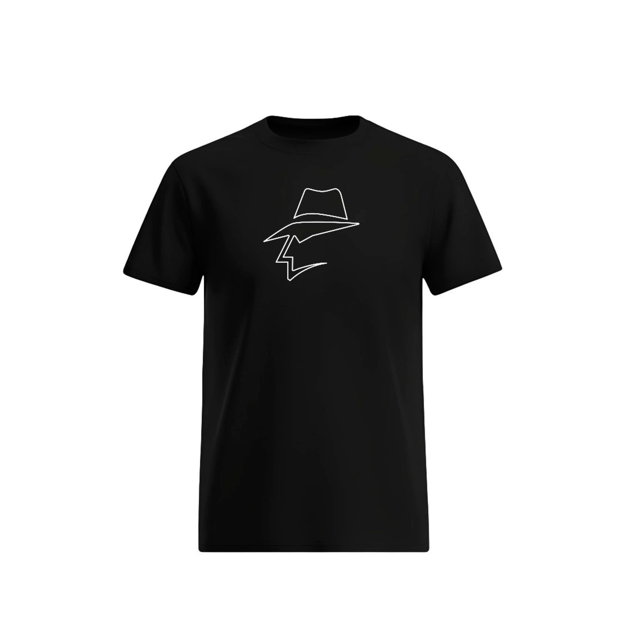 Black t-shirt with a head logo design on a white background