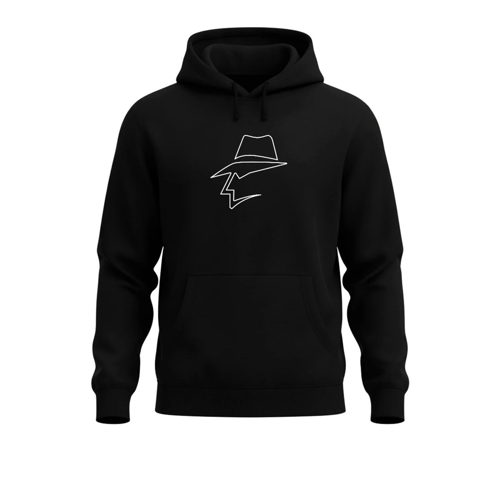 Black hoodie with a white graphic on a white background
