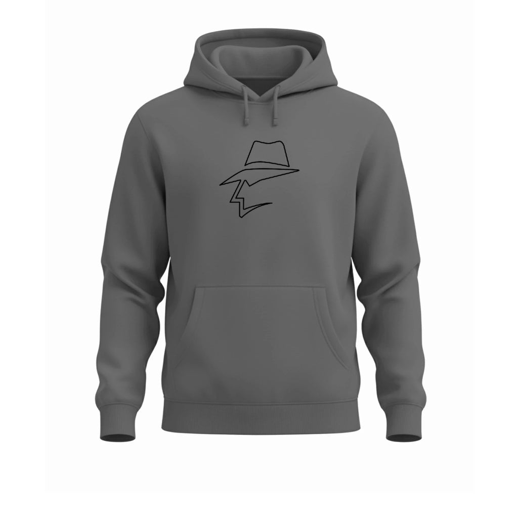 Gray hoodie with a black graphic on a white background