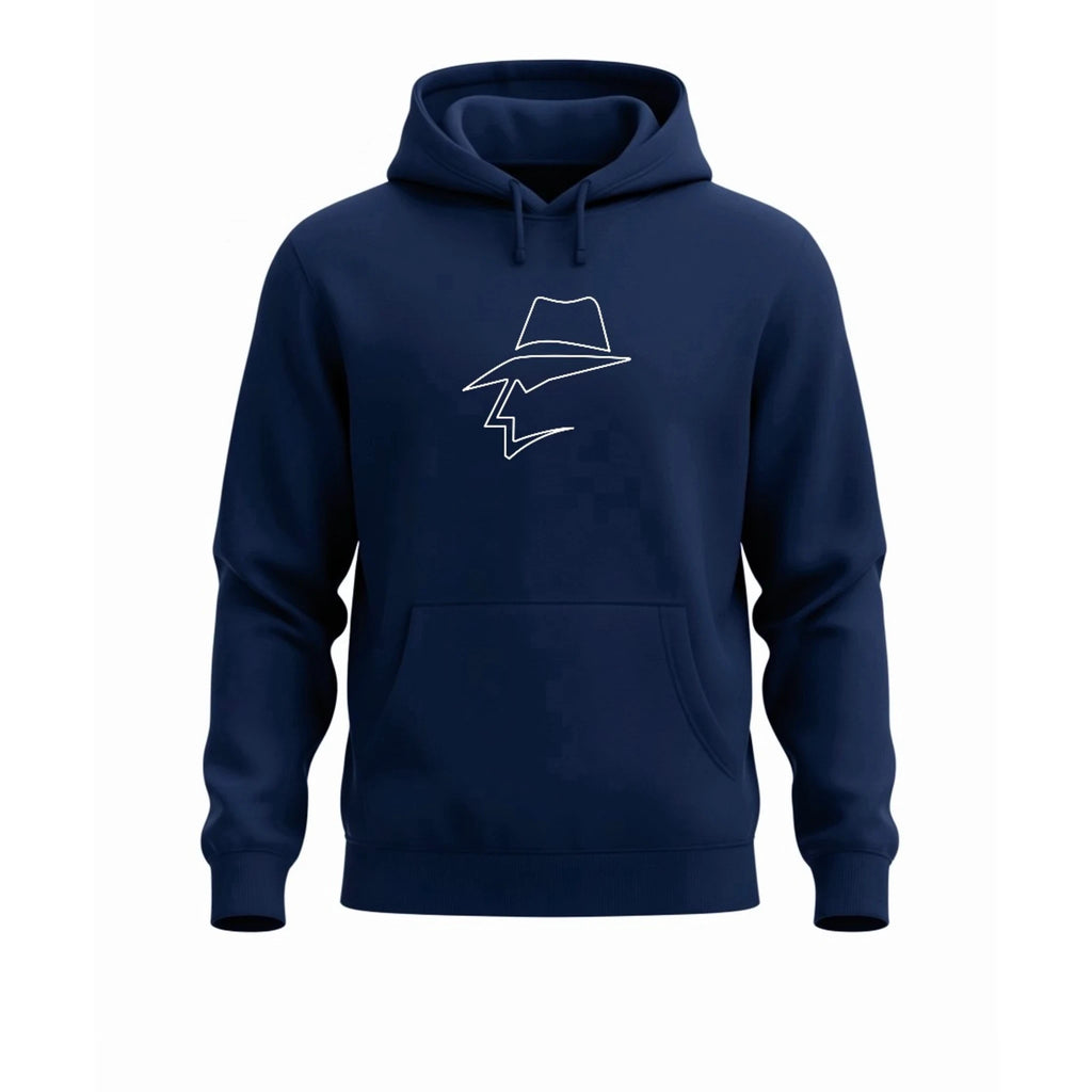 Navy blue hoodie with a white graphic on a white background