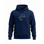 Navy blue hoodie with a head logo on a white background