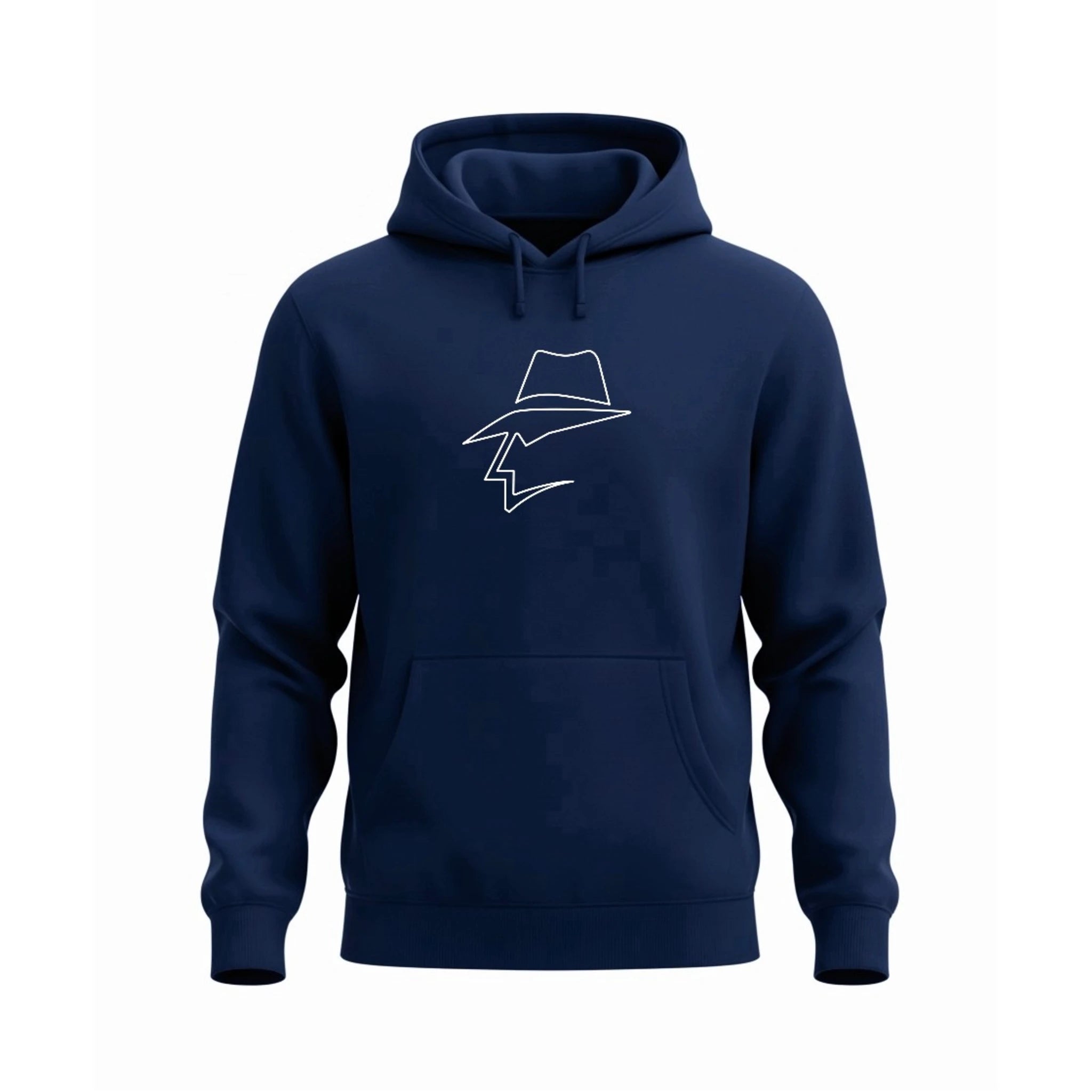 Navy blue hoodie with a head logo on a white background