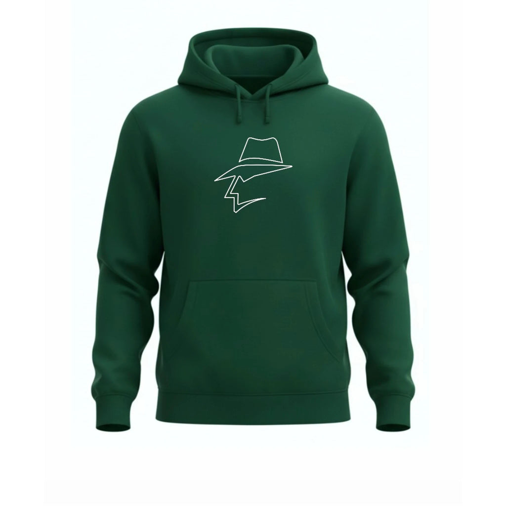 Royal green hoodie with a white graphic on a white background