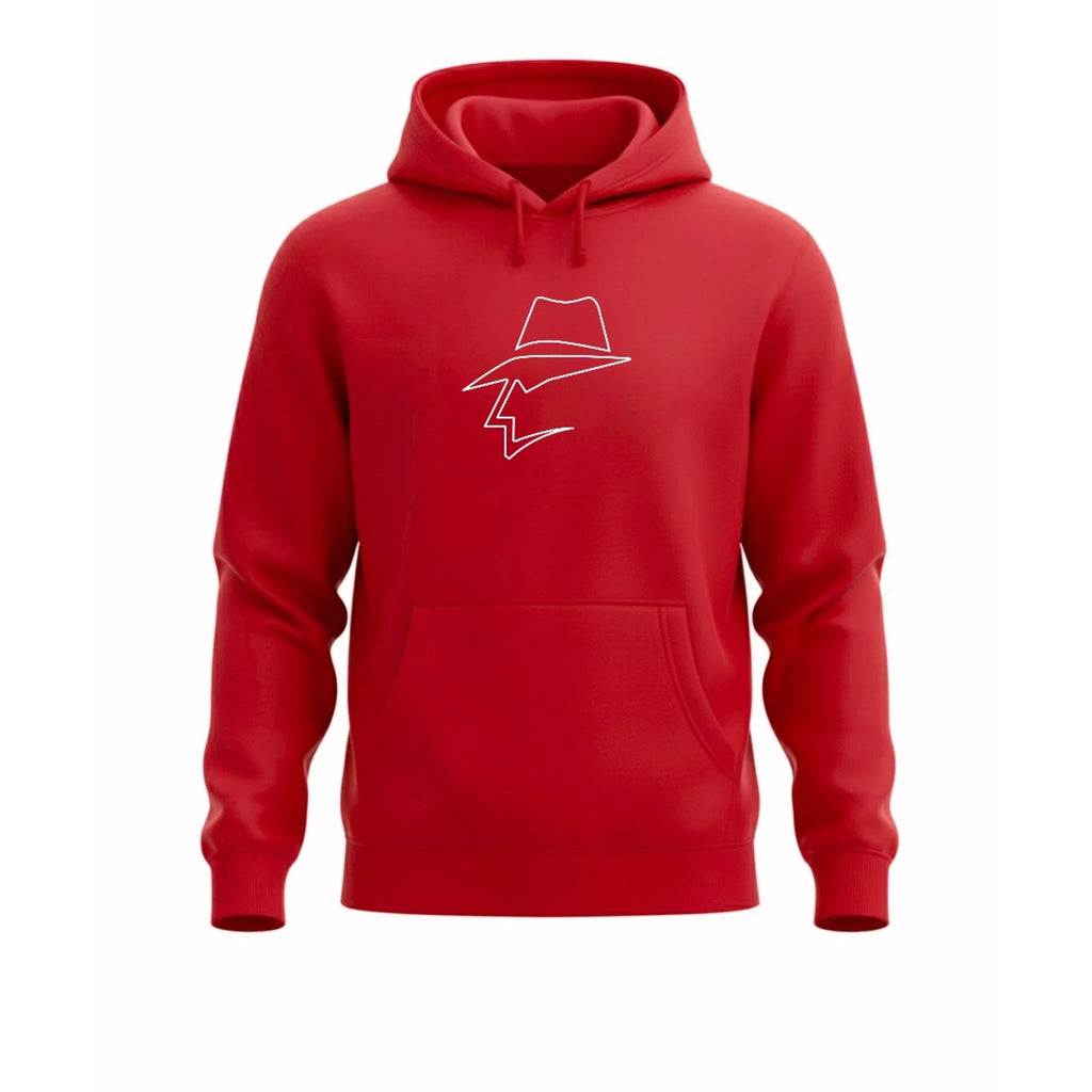 Red hoodie with a white graphic on a white background