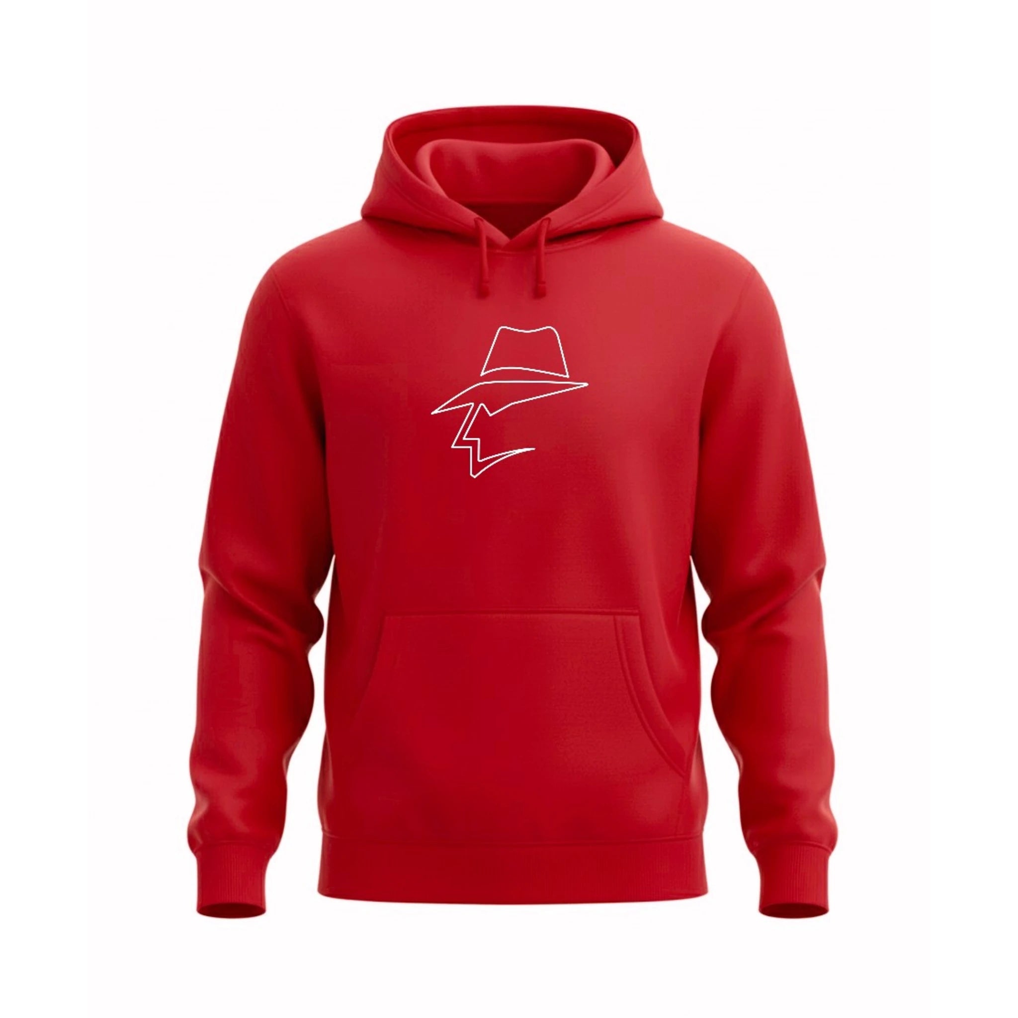 Red hoodie with a head logo on a white background