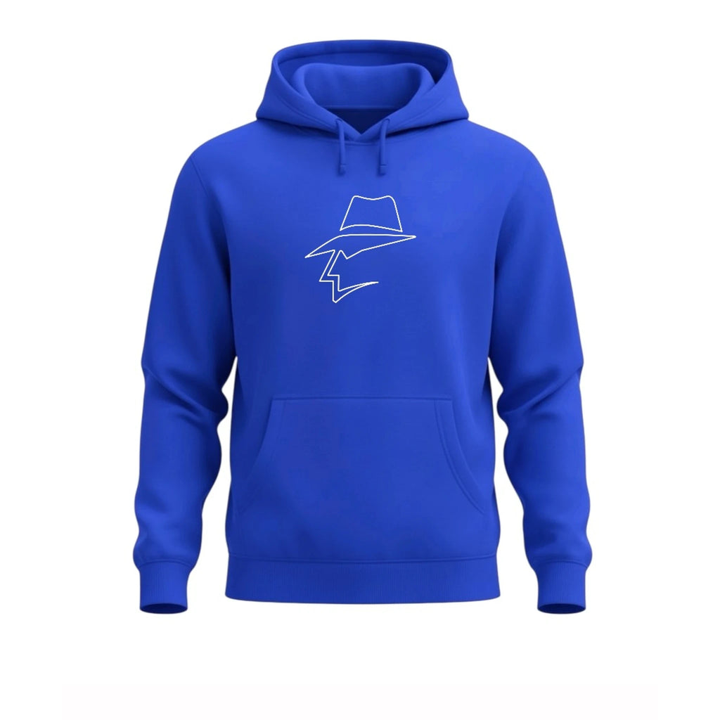 Blue hoodie with a white graphic on a white background
