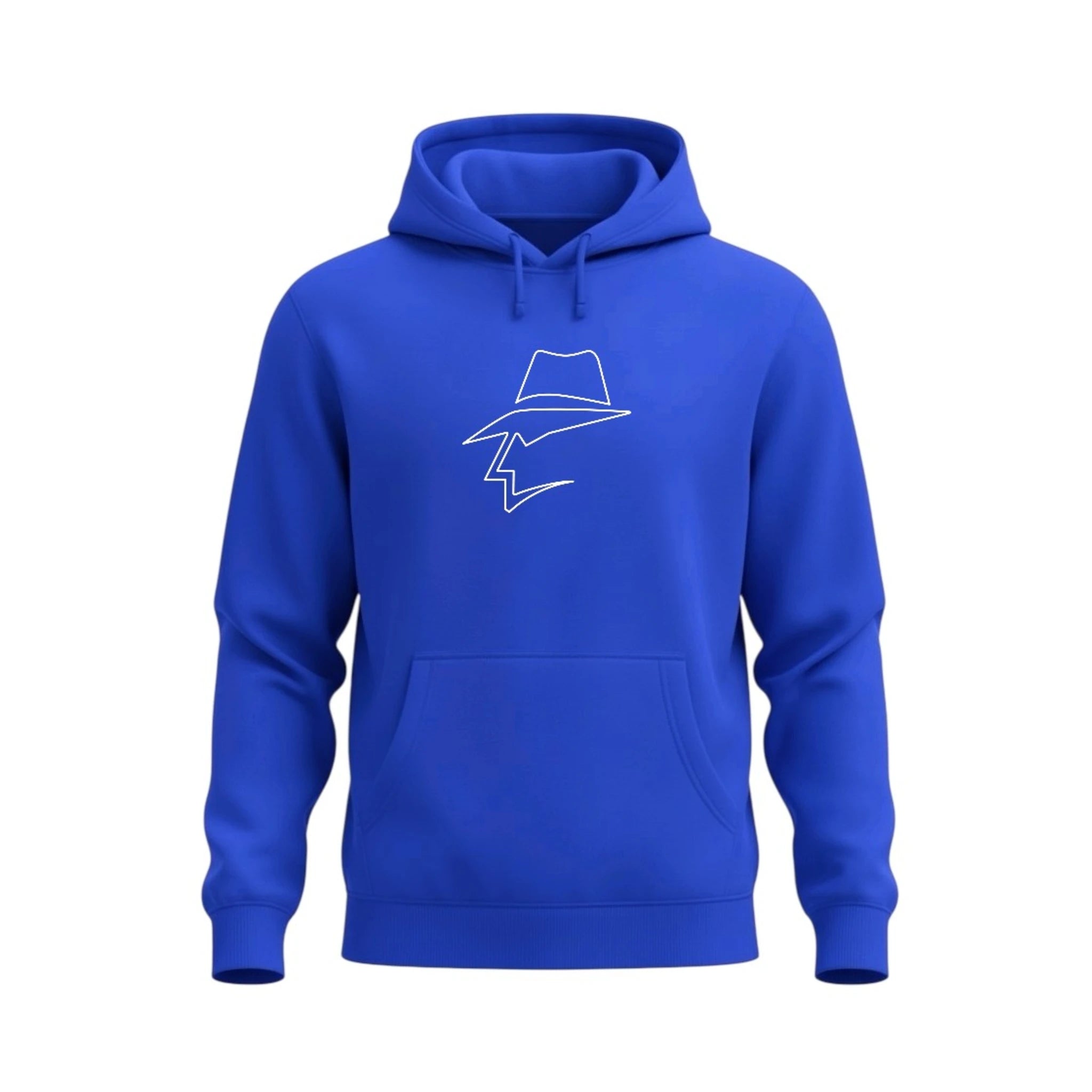 Blue hoodie with a head logo on a white background