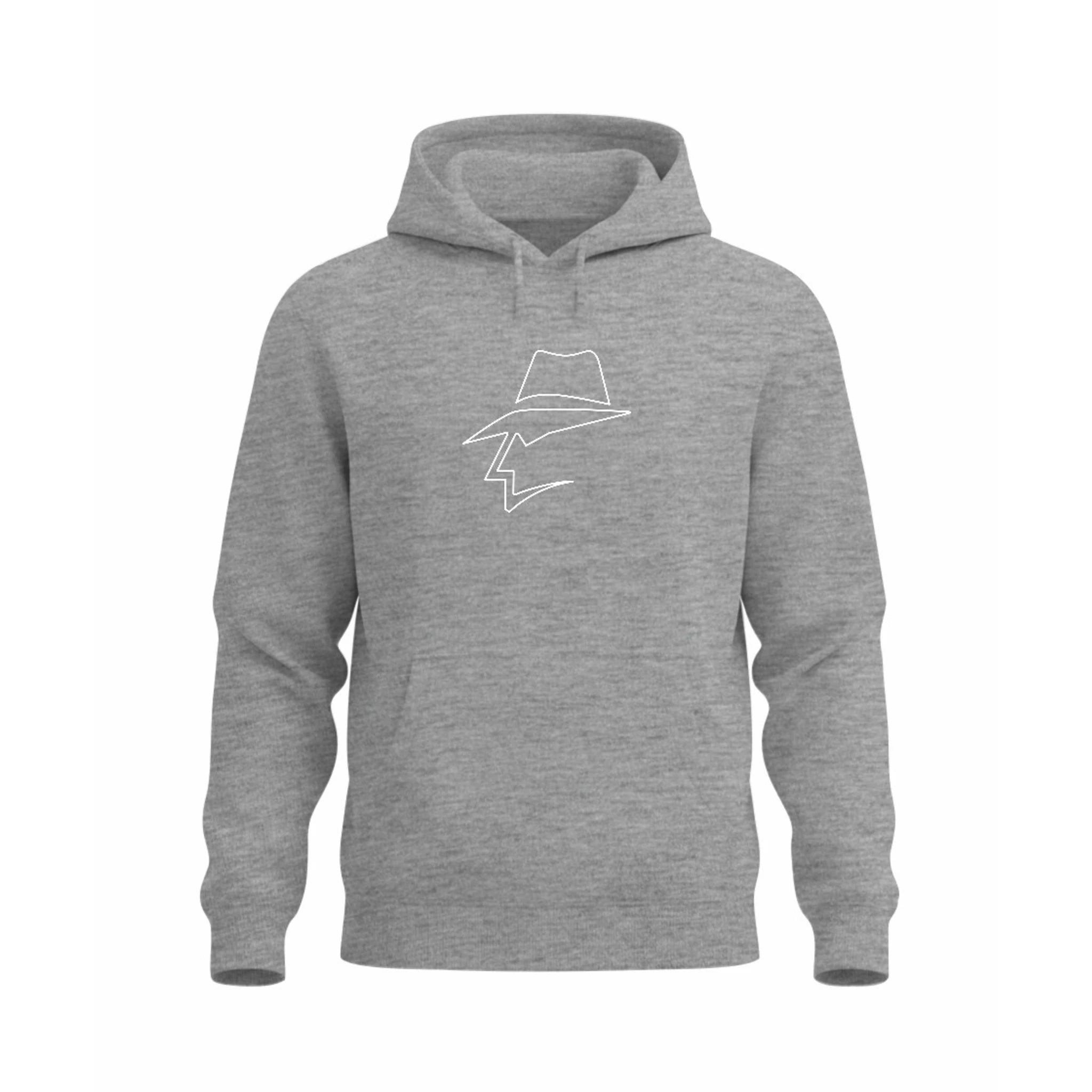 Gray hoodie with a head logo on a white background