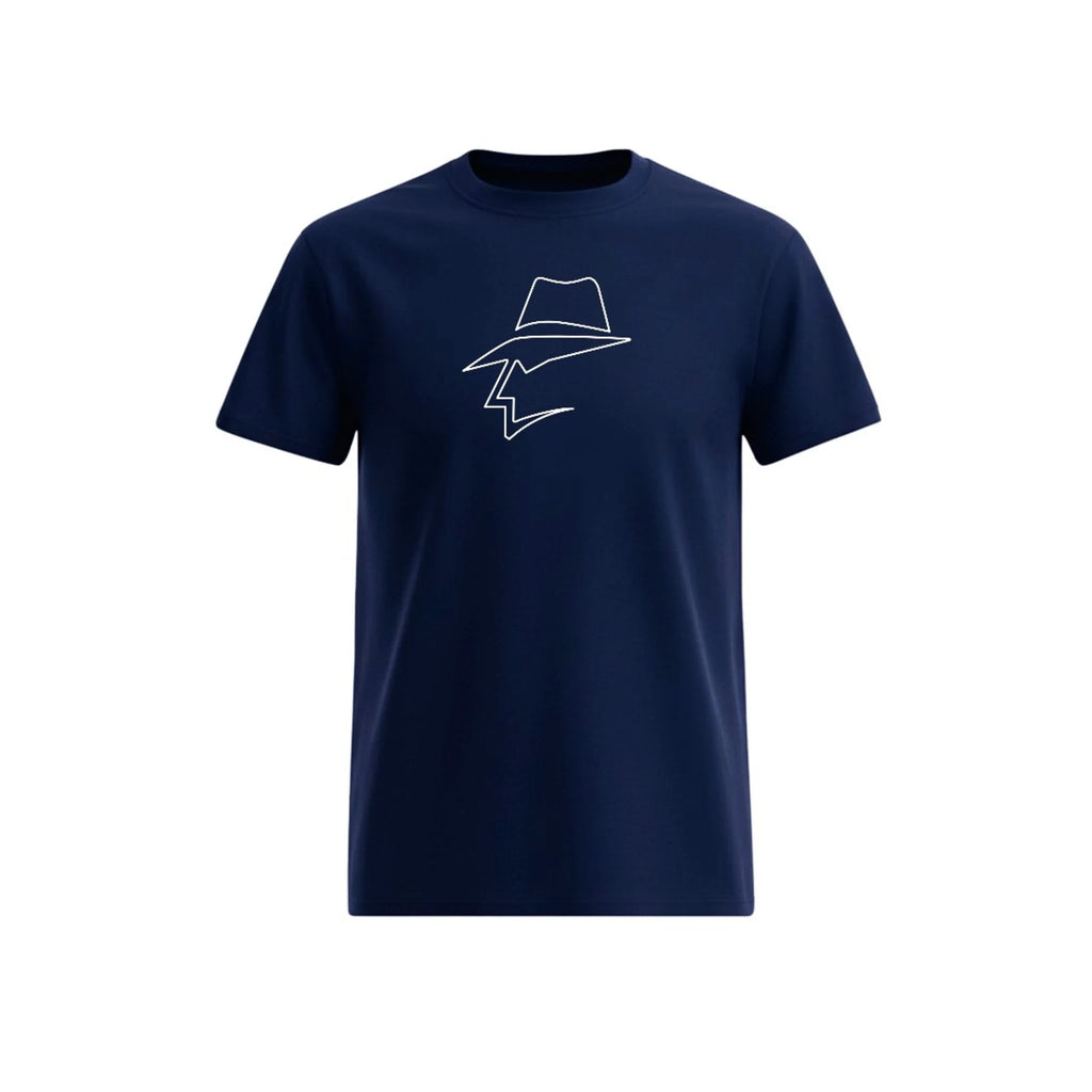 Navy blue t-shirt with a white graphic on a white background