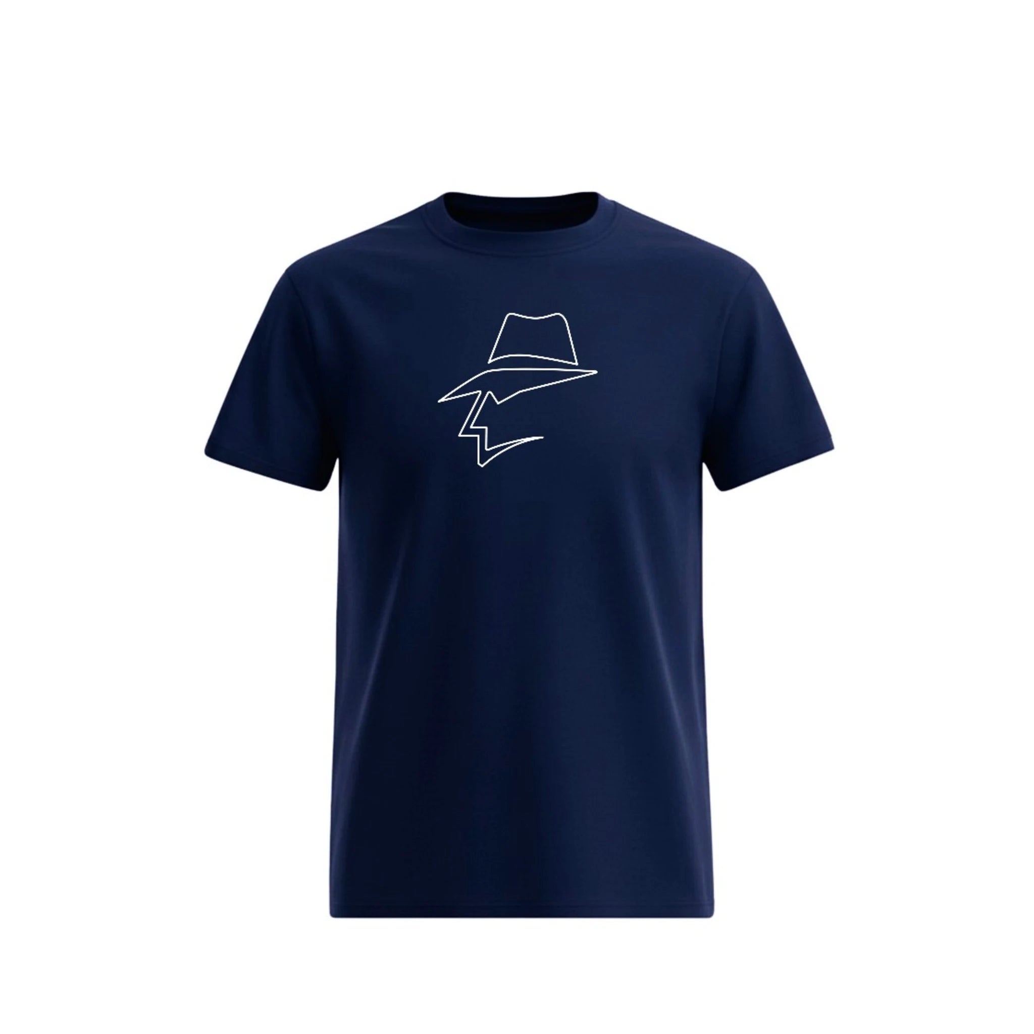 Navy blue t-shirt with a head logo on a white background