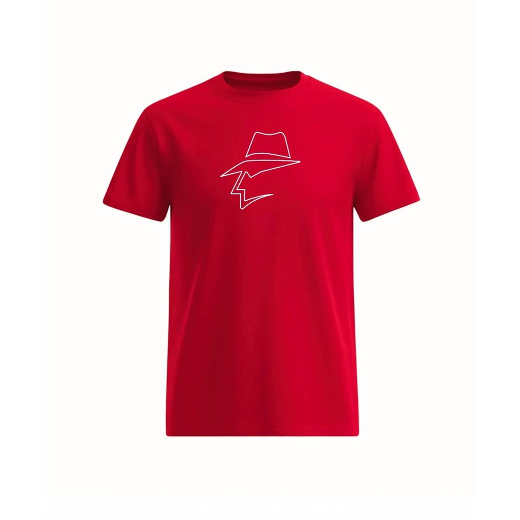 Red t-shirt with a white graphic on a white background