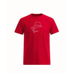 Red t-shirt with a head logo on a white background