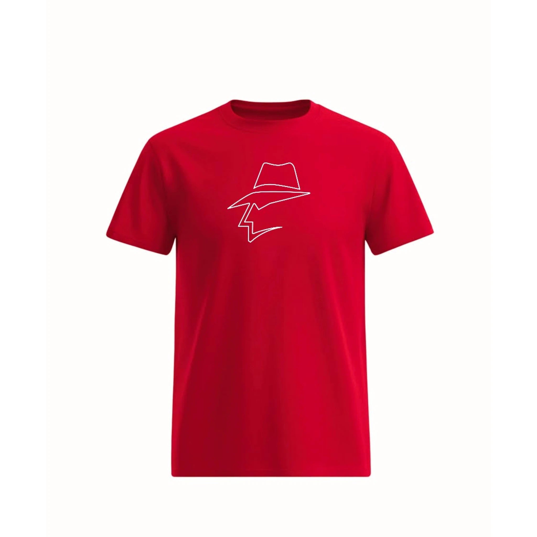 Red t-shirt with a head logo on a white background