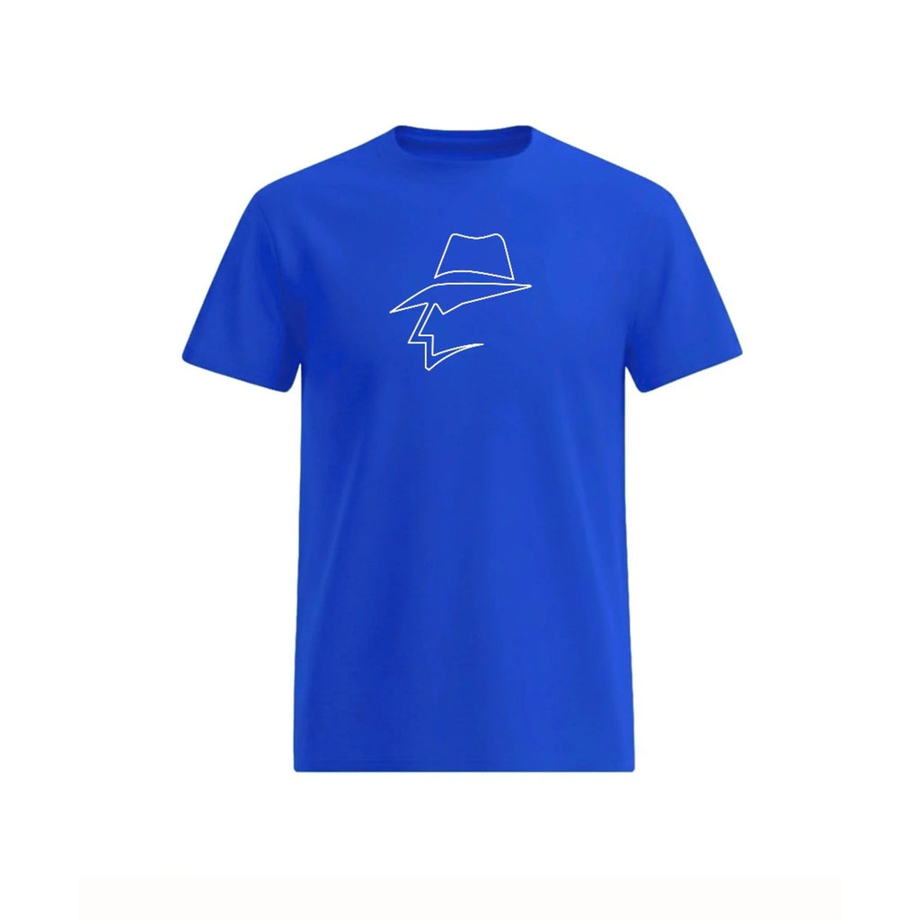 Blue t-shirt with a white graphic on a white background