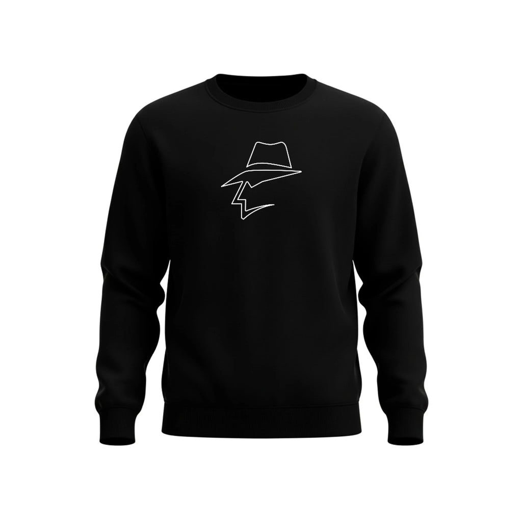 Black sweatshirt with a white graphic on a white background