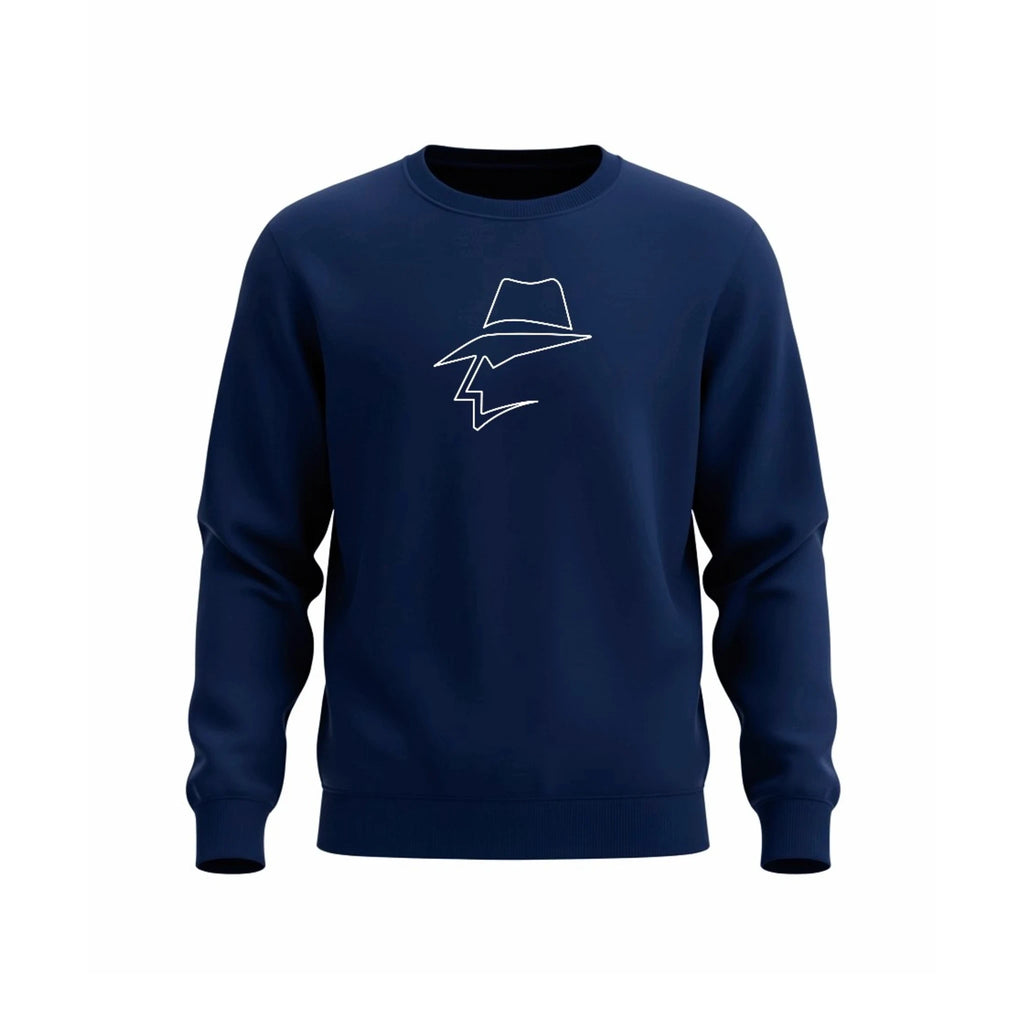 Navy blue sweatshirt with a white graphic on a white background