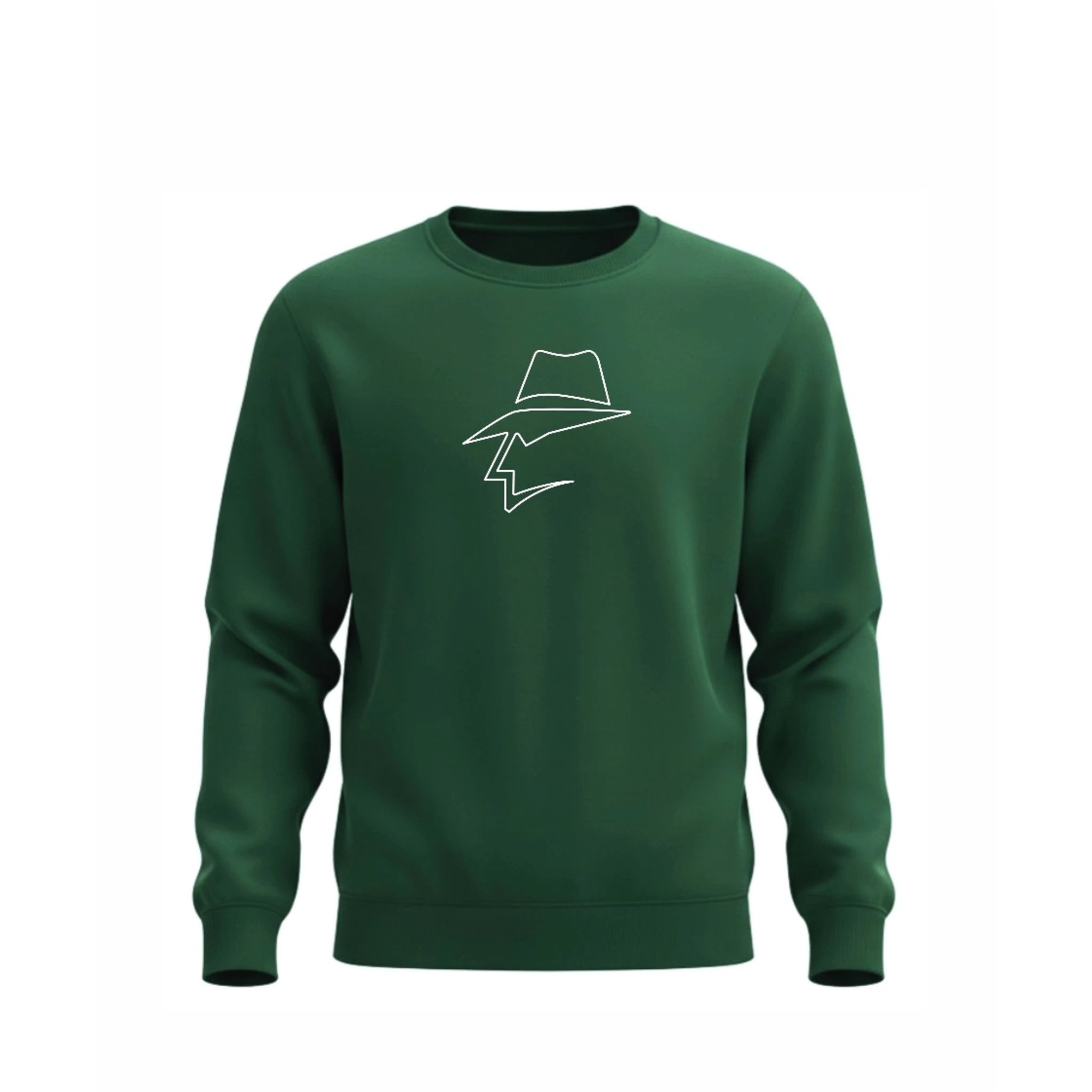 Green sweatshirt with a head logo on a white background