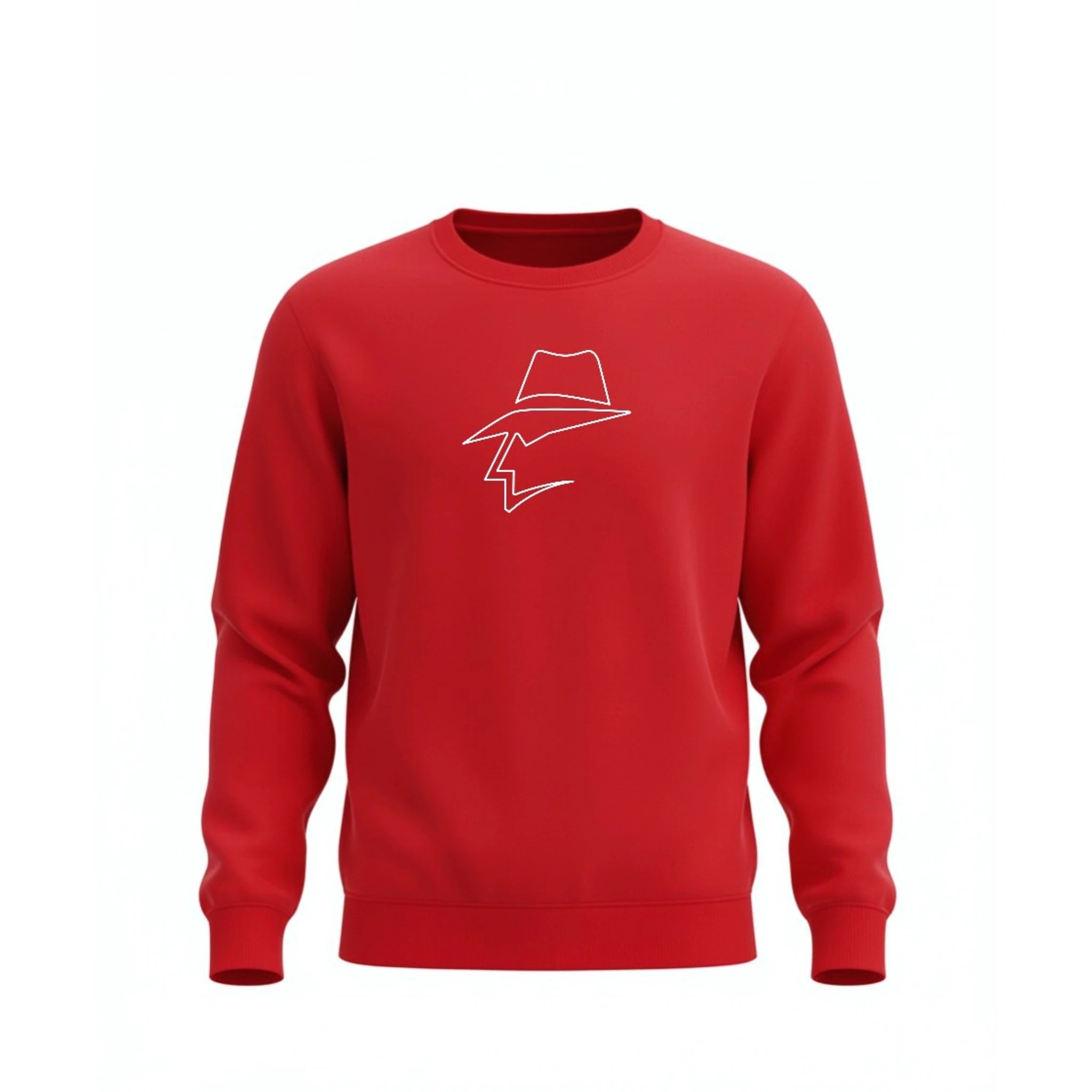 Red sweatshirt with a head logo on a white background