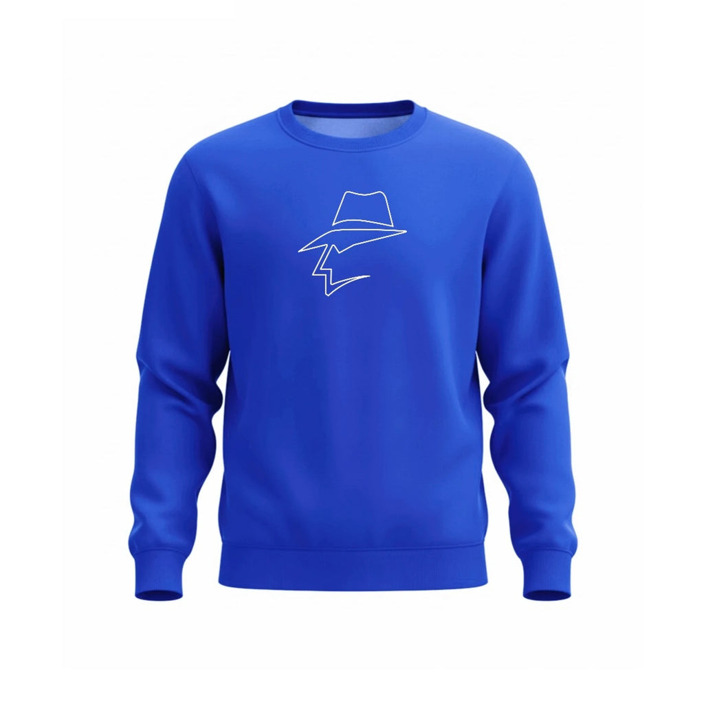 Blue sweatshirt with a white graphic on a white background