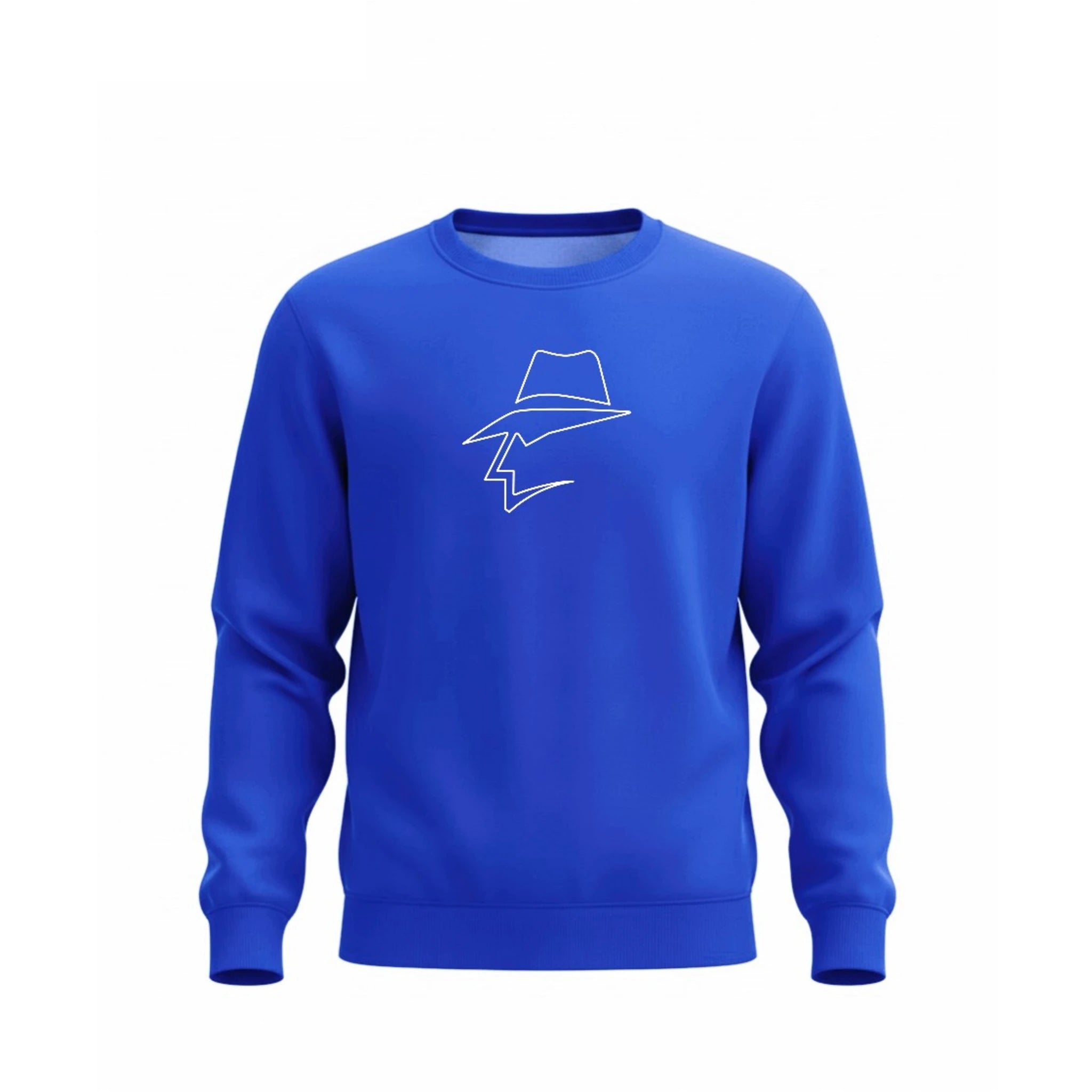 Blue sweatshirt with a head logo on a white background