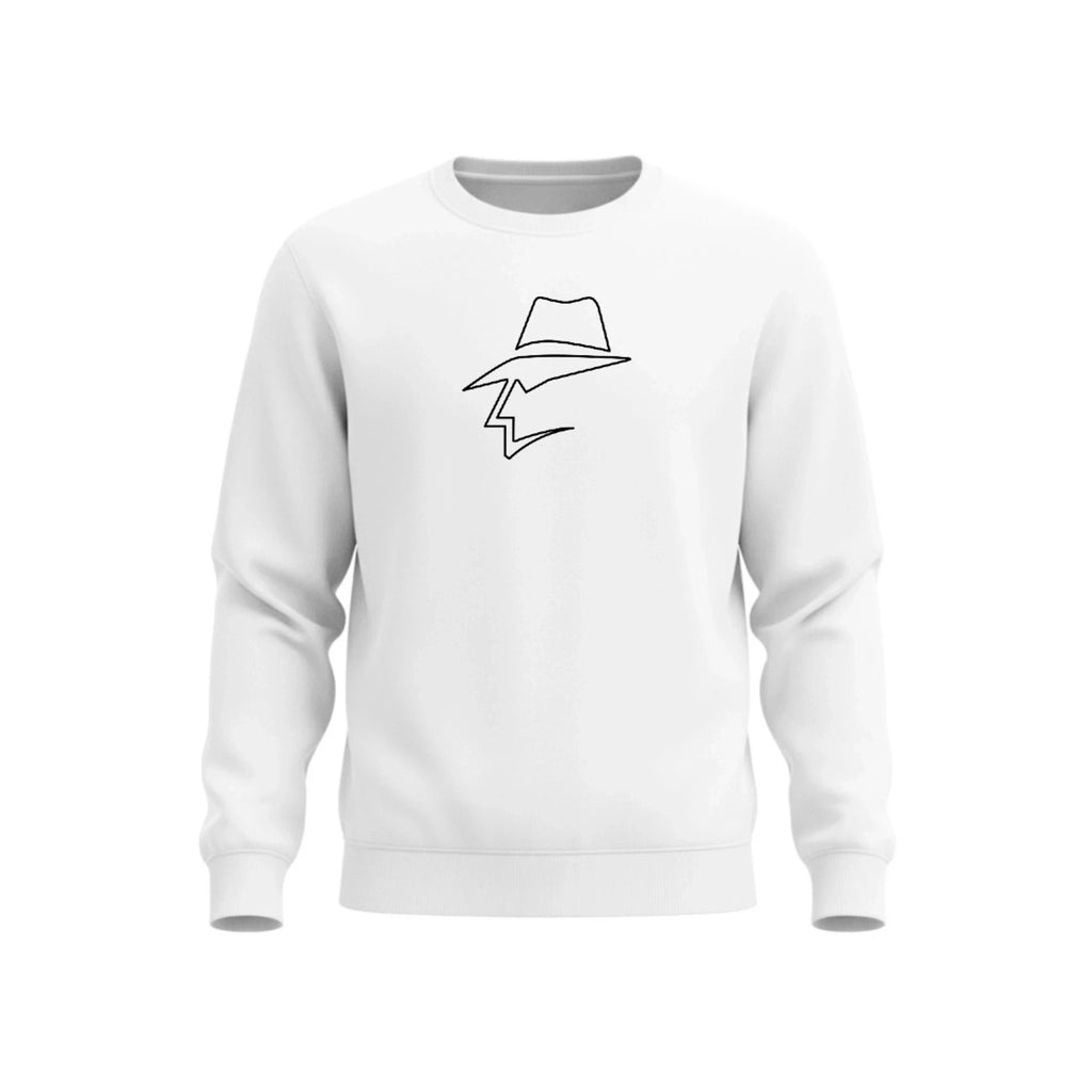 White sweatshirt with a black graphic on a white background