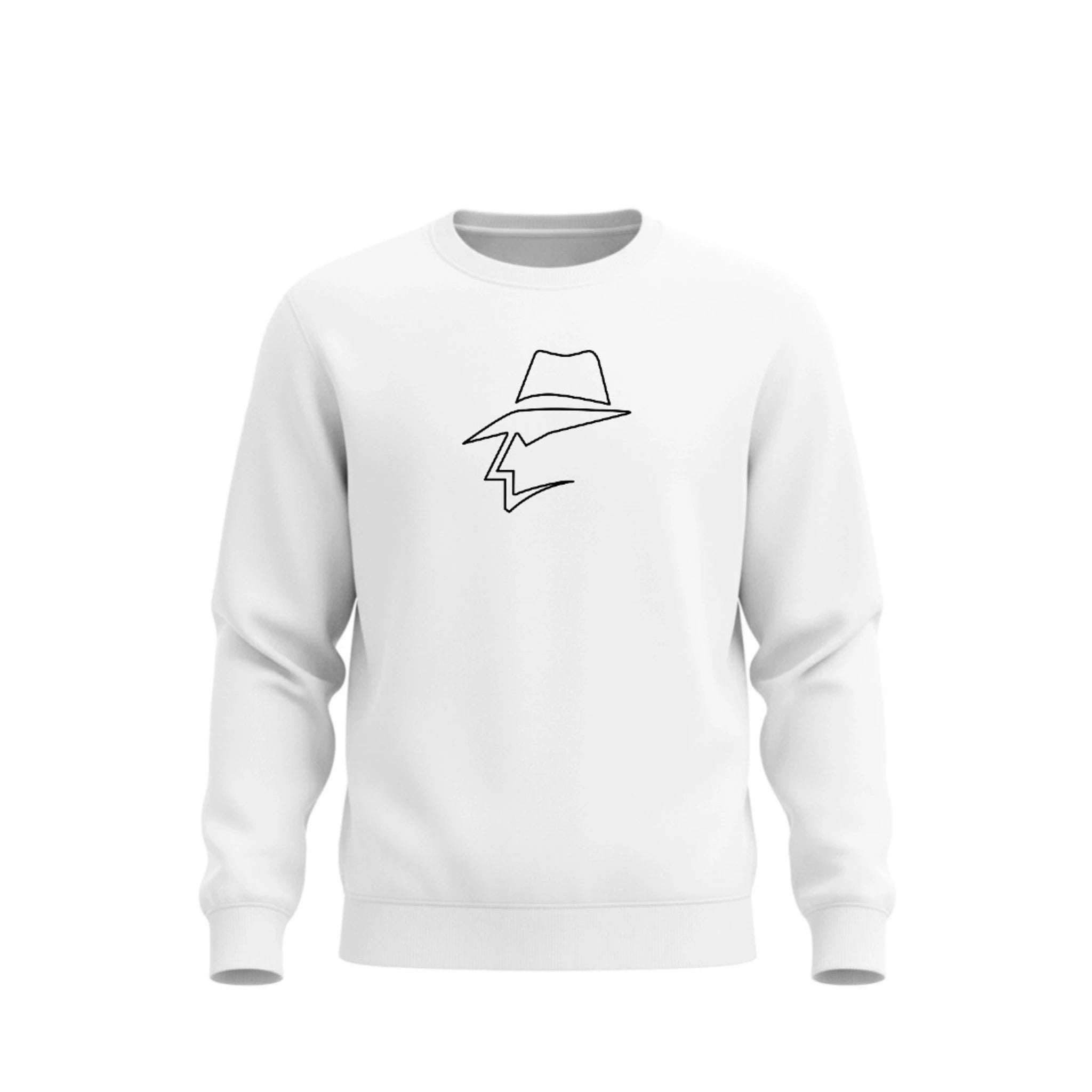 White sweatshirt with a head logo on a white background