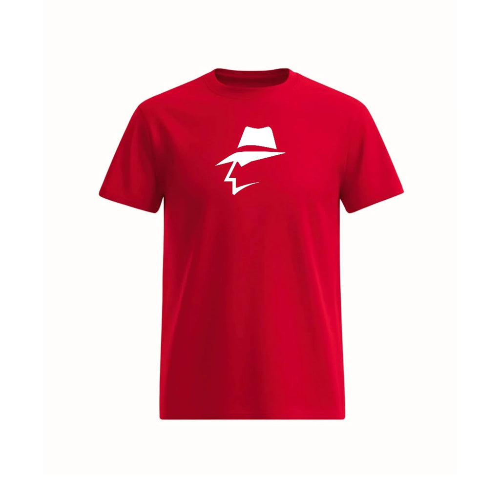 Red t-shirt with a white head logo on a white background