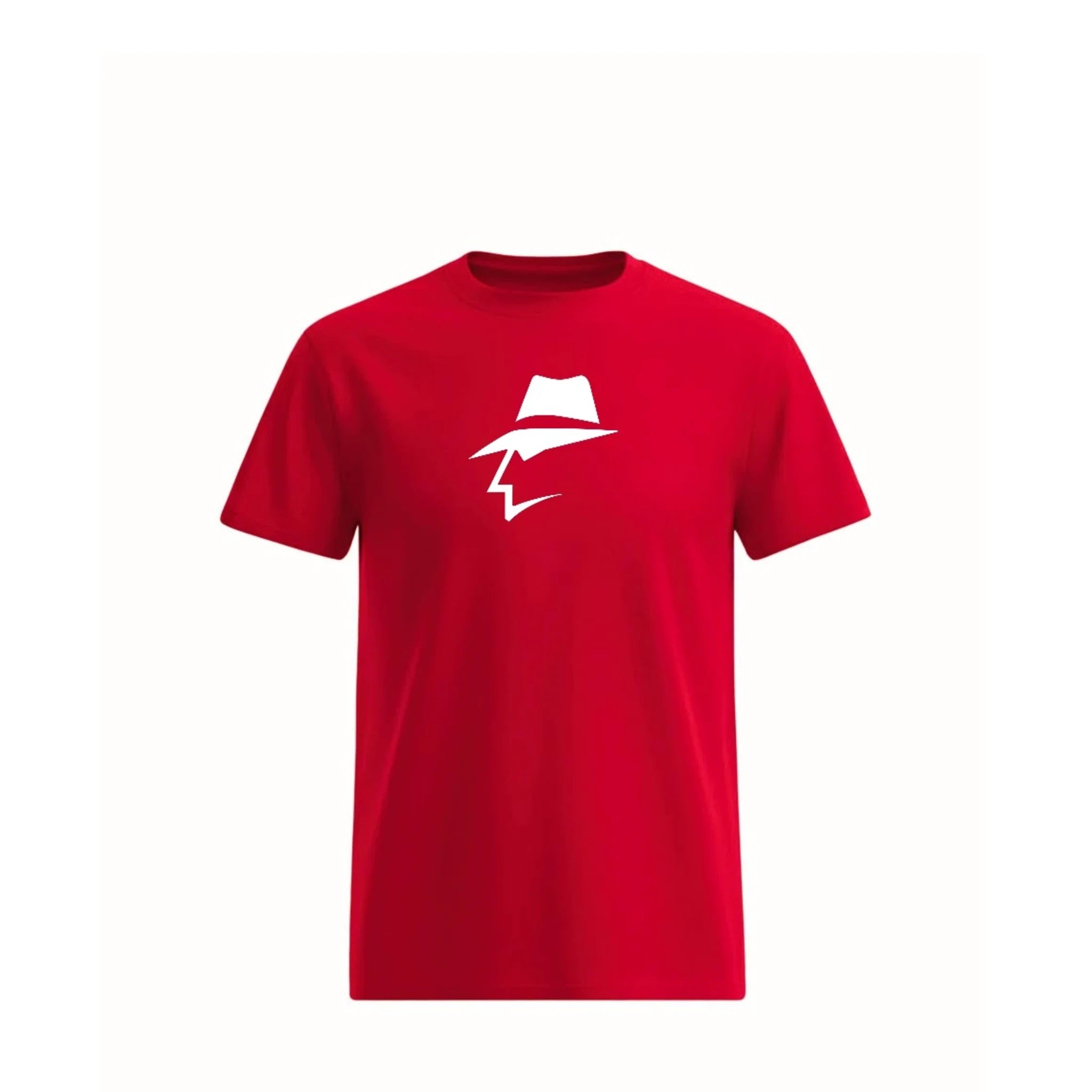 Red t-shirt with a head logo on a white background