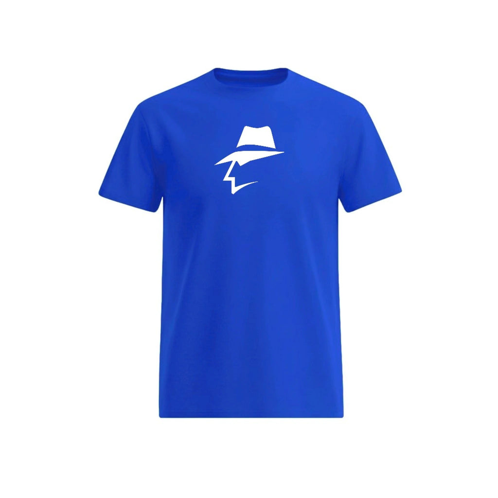 Blue t-shirt with a white head logo on a white background
