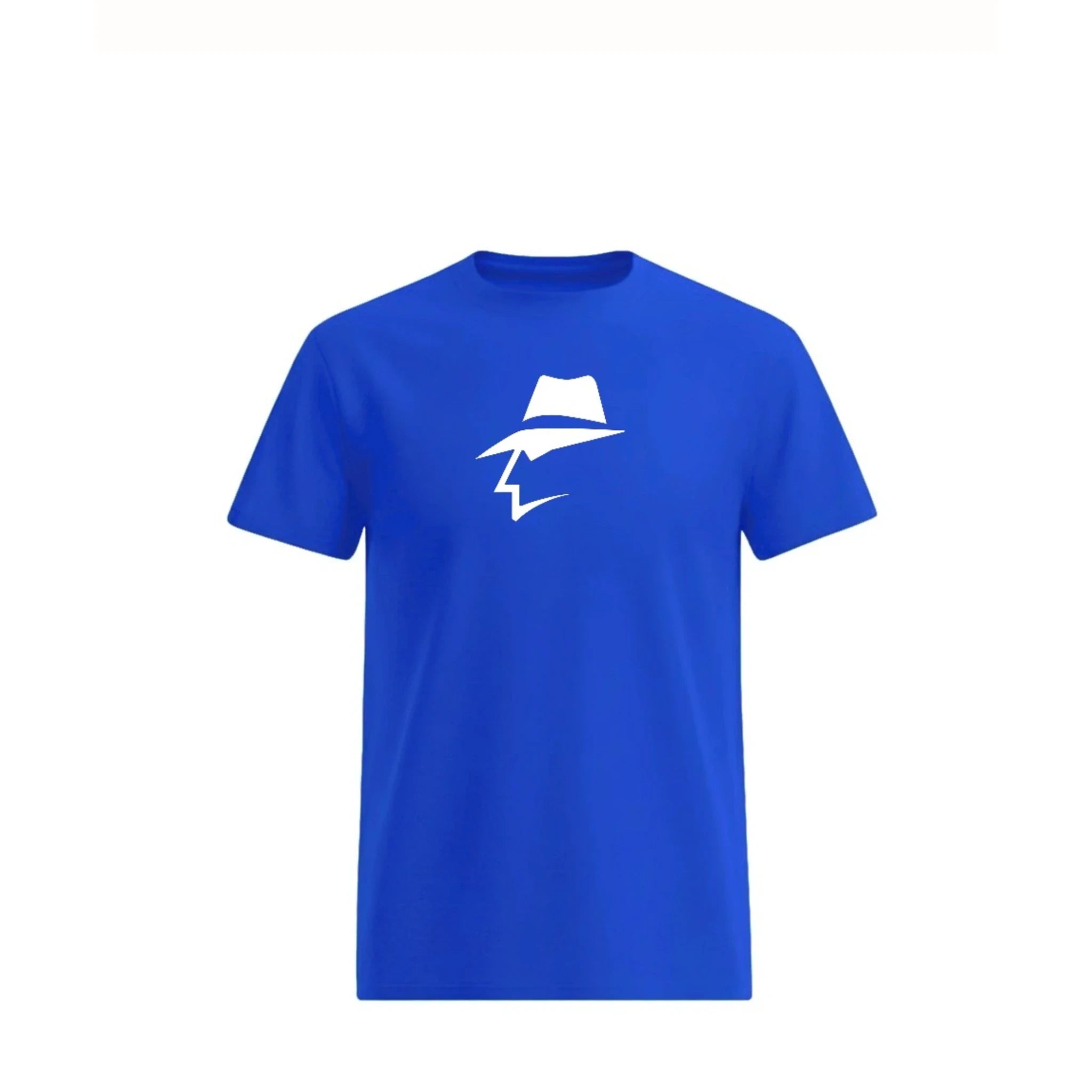 Blue t-shirt with a head logo on a white background