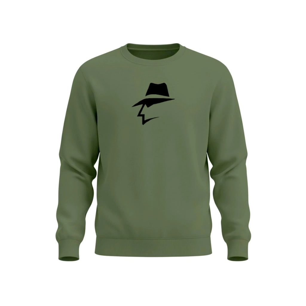 Army green sweatshirt with a black head logo on a white background