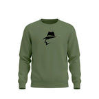 Green sweatshirt with a head logo on a white background