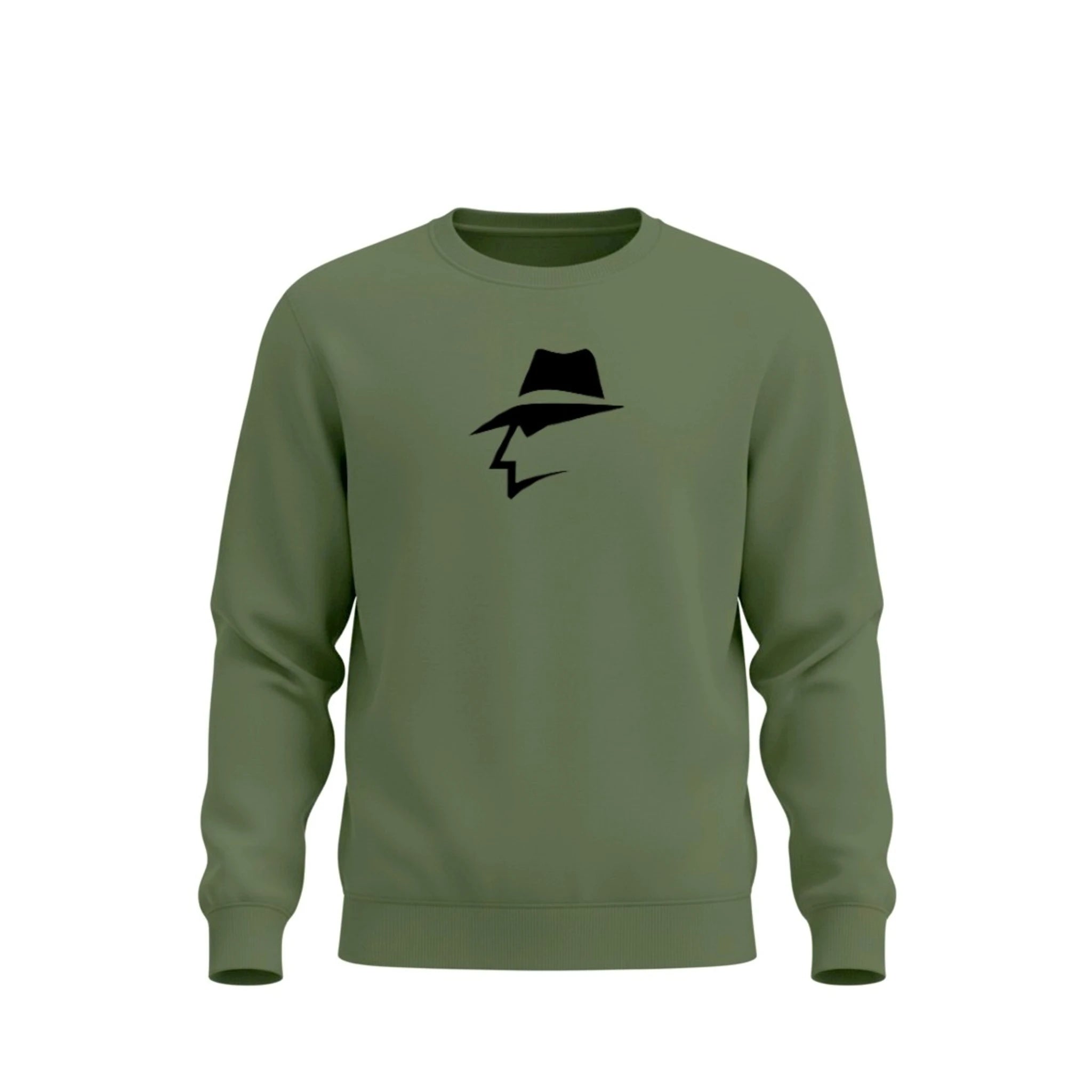 Green sweatshirt with a head logo on a white background