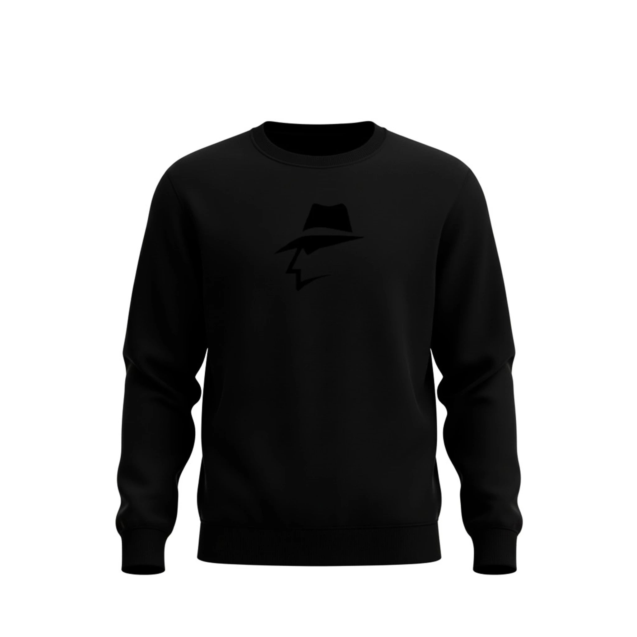 Black sweatshirt with a head logo on a white background