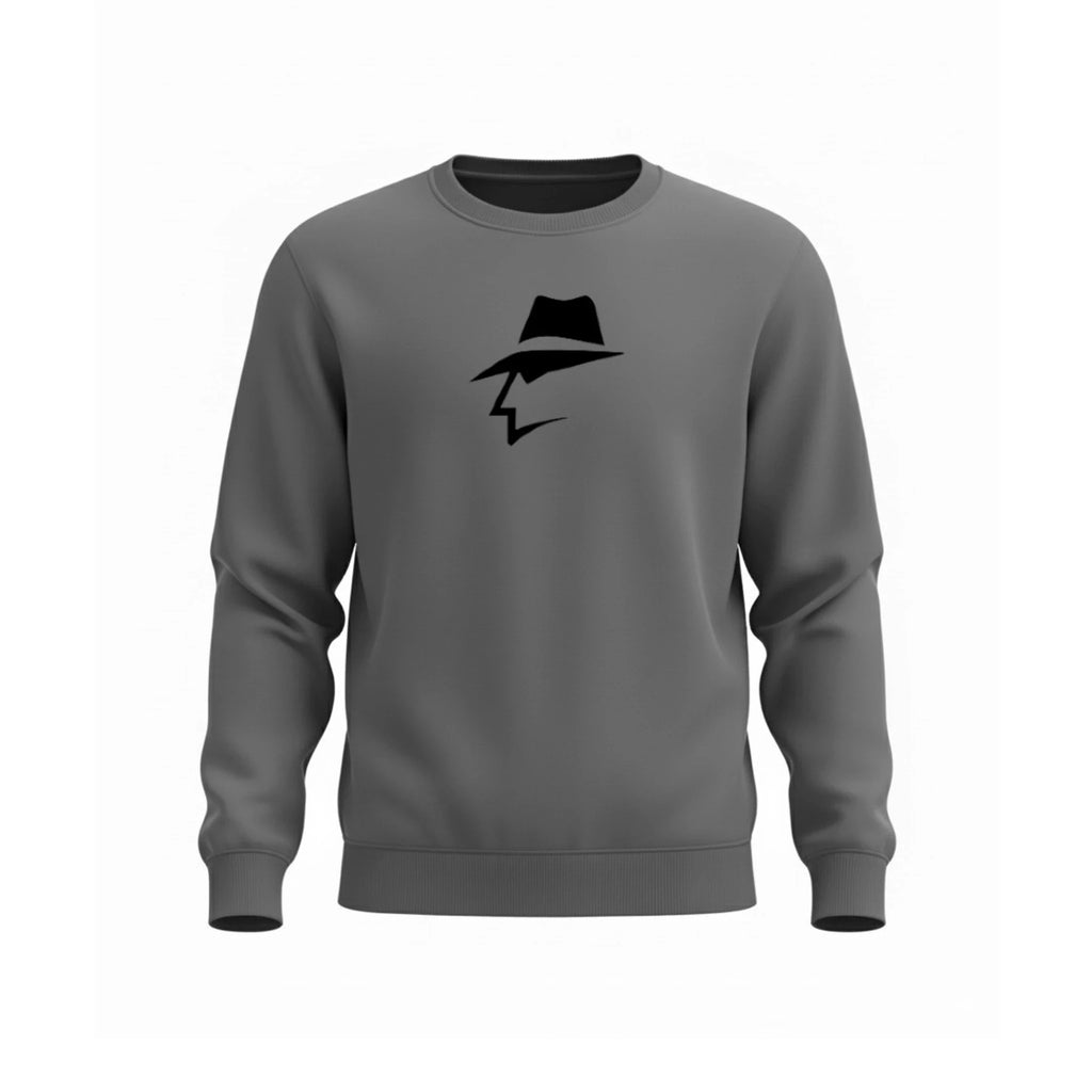 Gray sweatshirt with a black head logo on a white background
