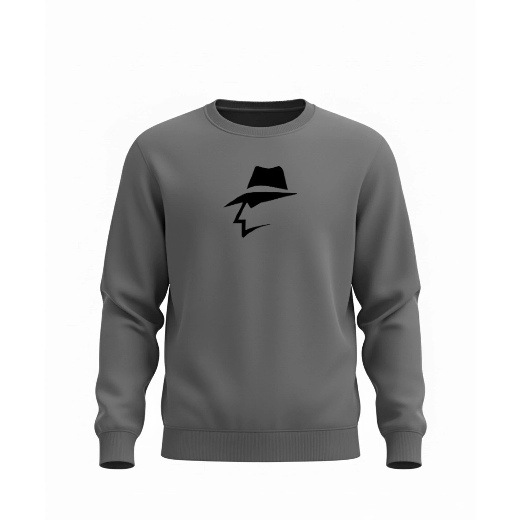 Gray sweatshirt with a head logo on a white background