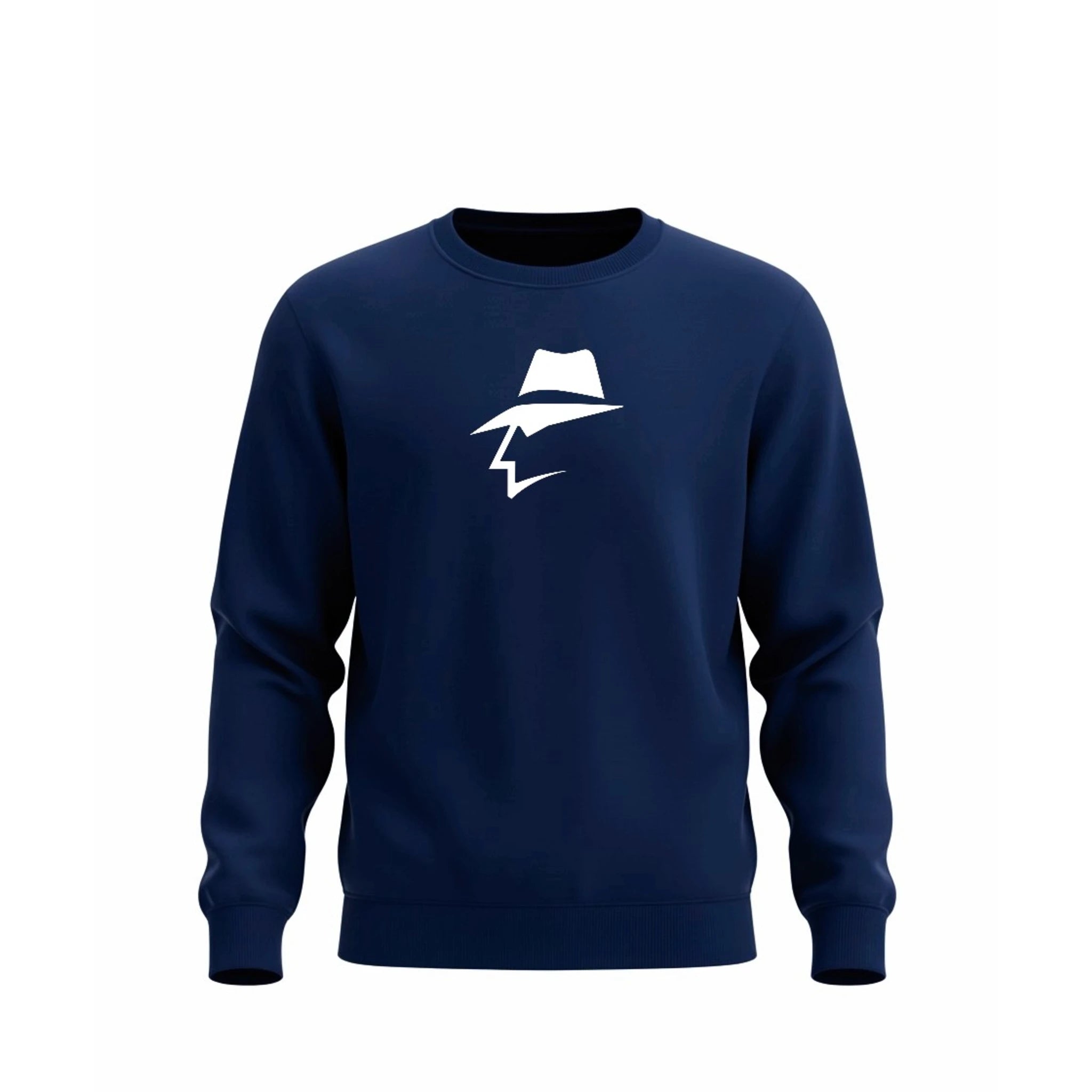 Navy blue sweatshirt with a head logo on a white background