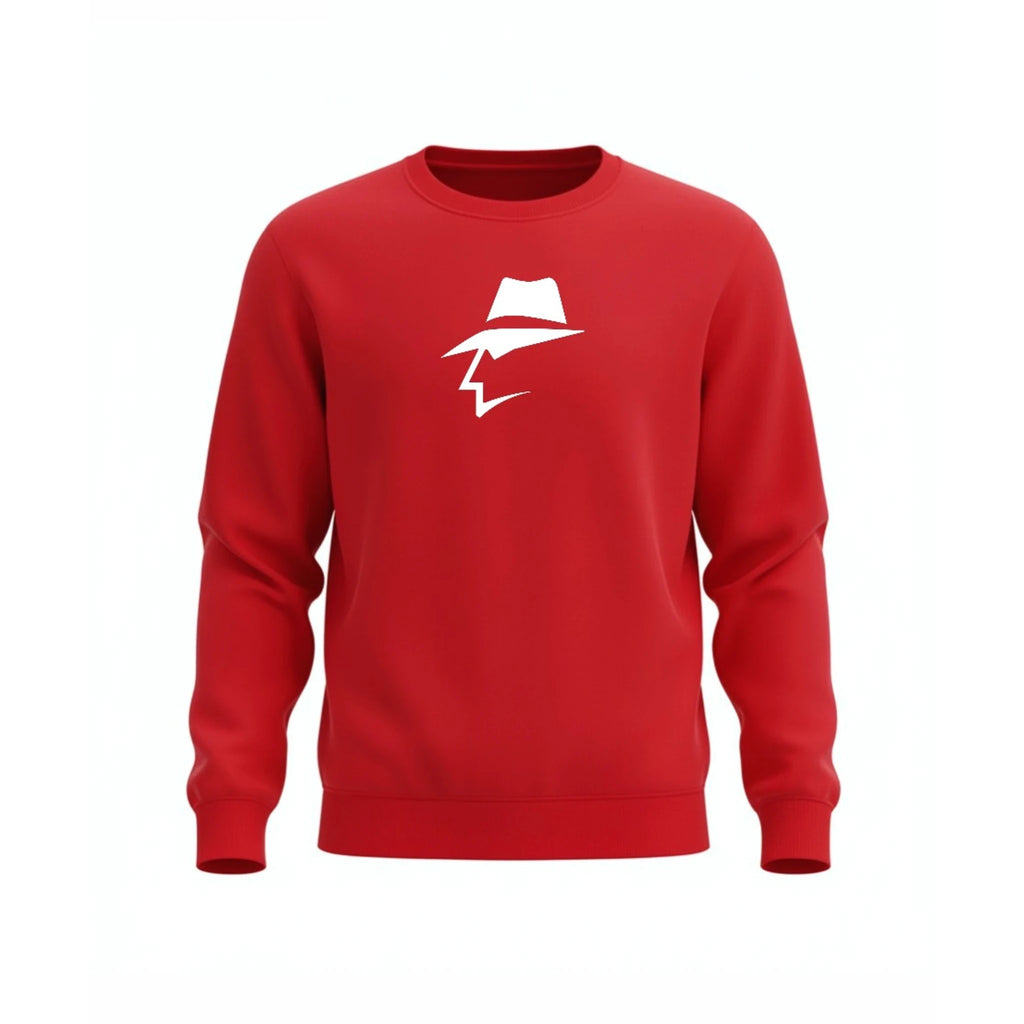 Red sweatshirt with a white head logo on a white background