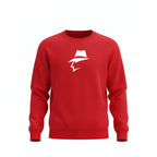 Red sweatshirt with a head logo on a white background