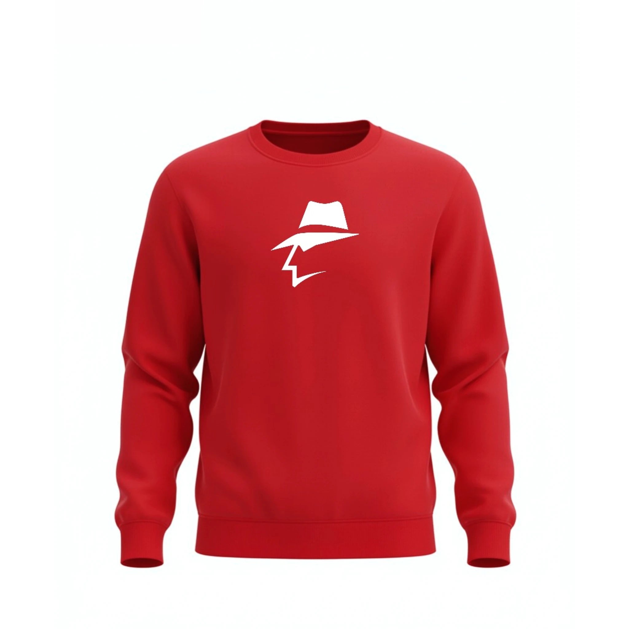 Red sweatshirt with a head logo on a white background