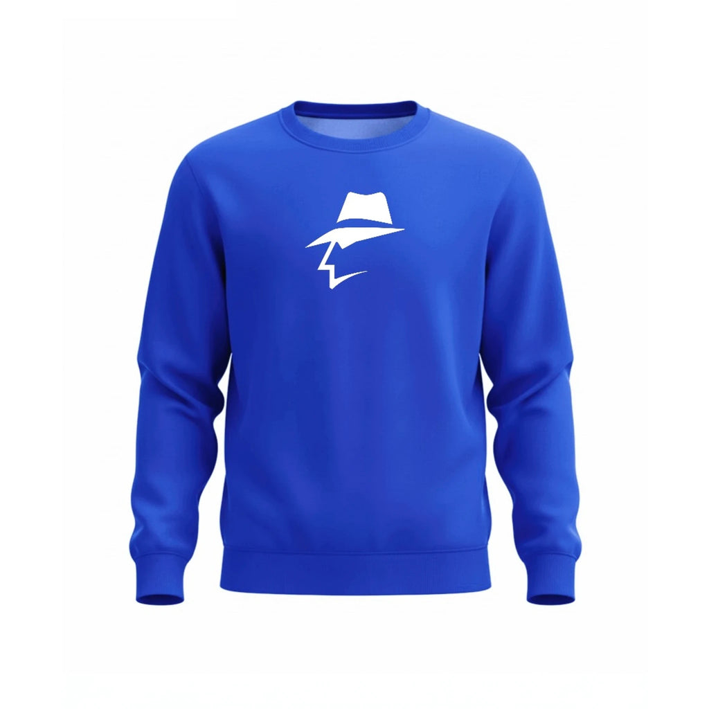 Blue sweatshirt with a white head logo on a white background