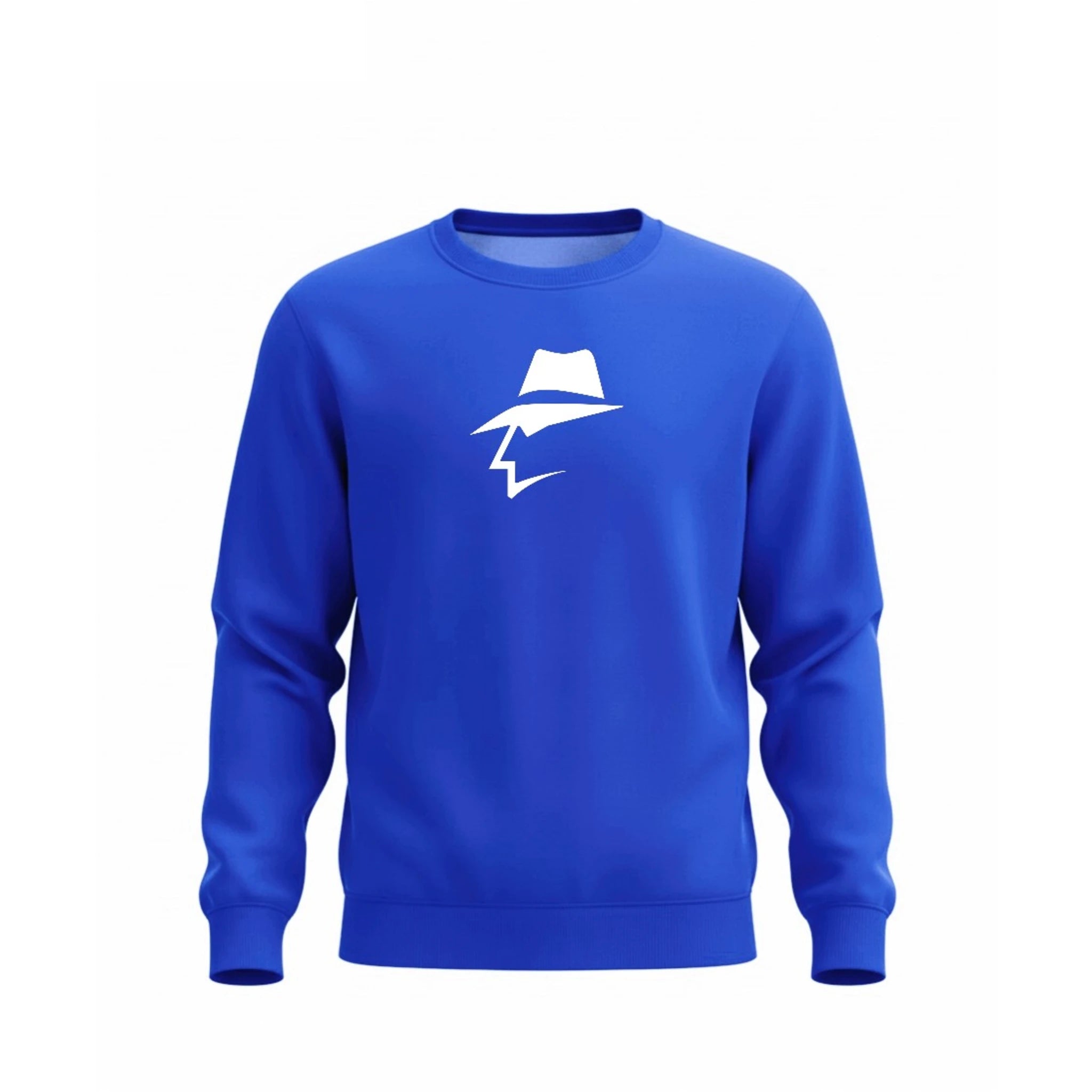 Blue sweatshirt with a head logo on a white background