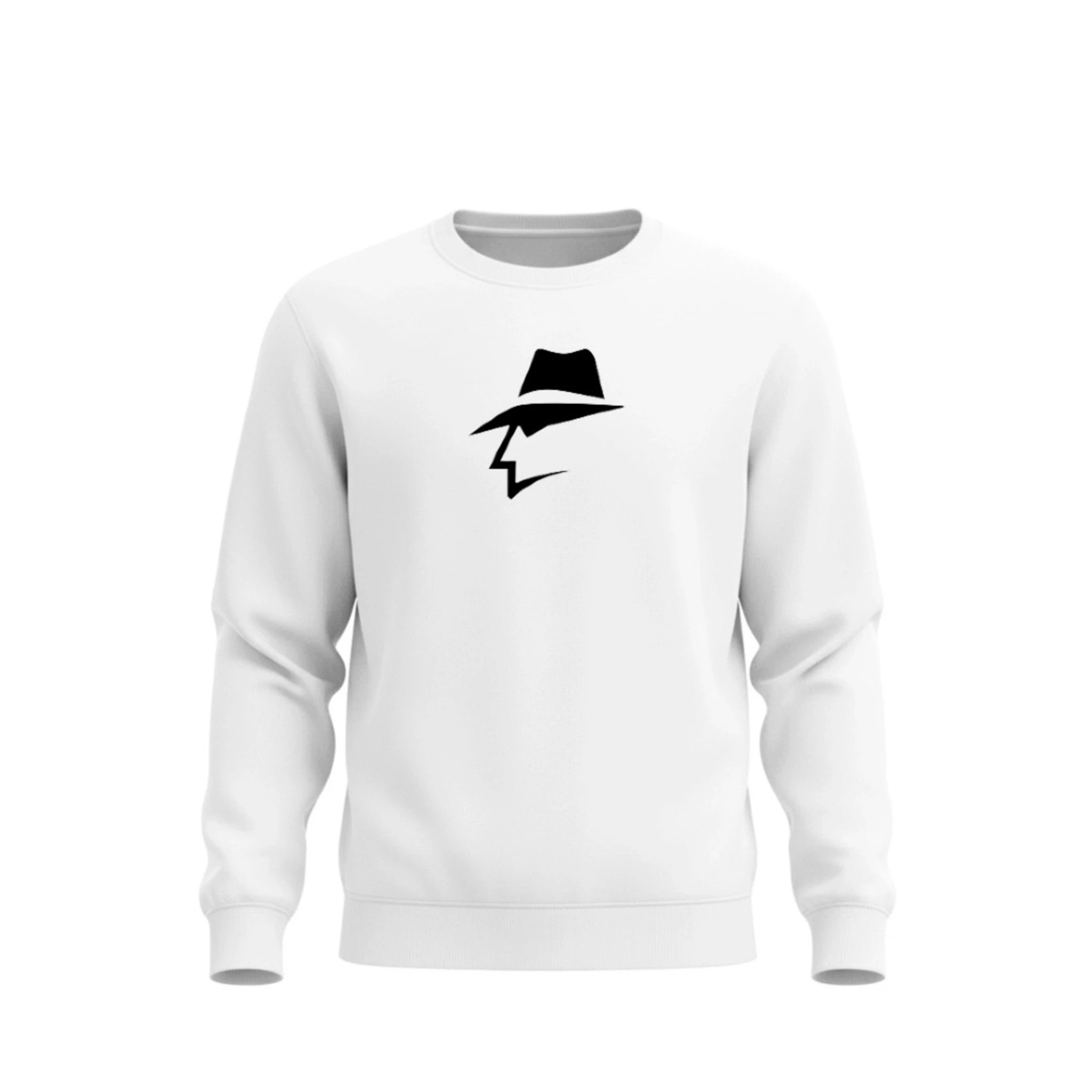 White sweatshirt with a head logo on a white background