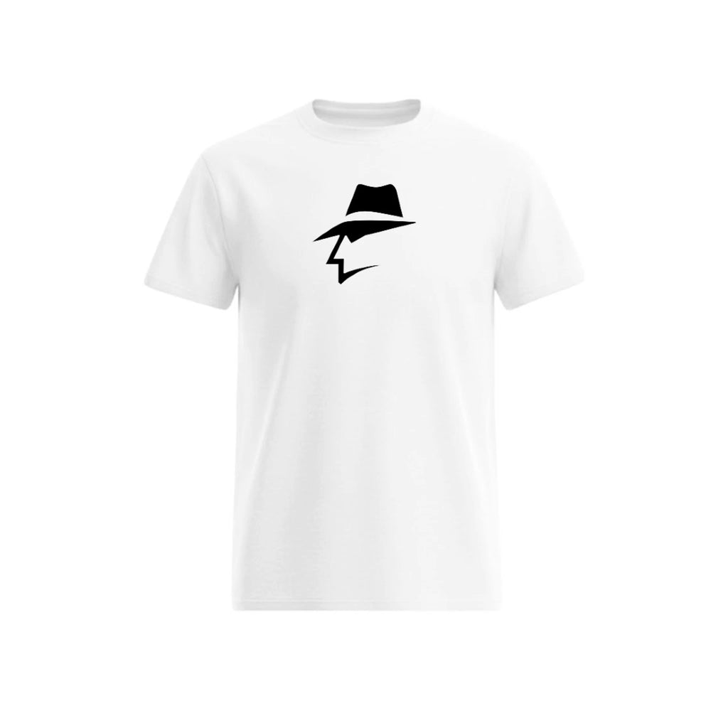 White t-shirt with a black head logo on a white background