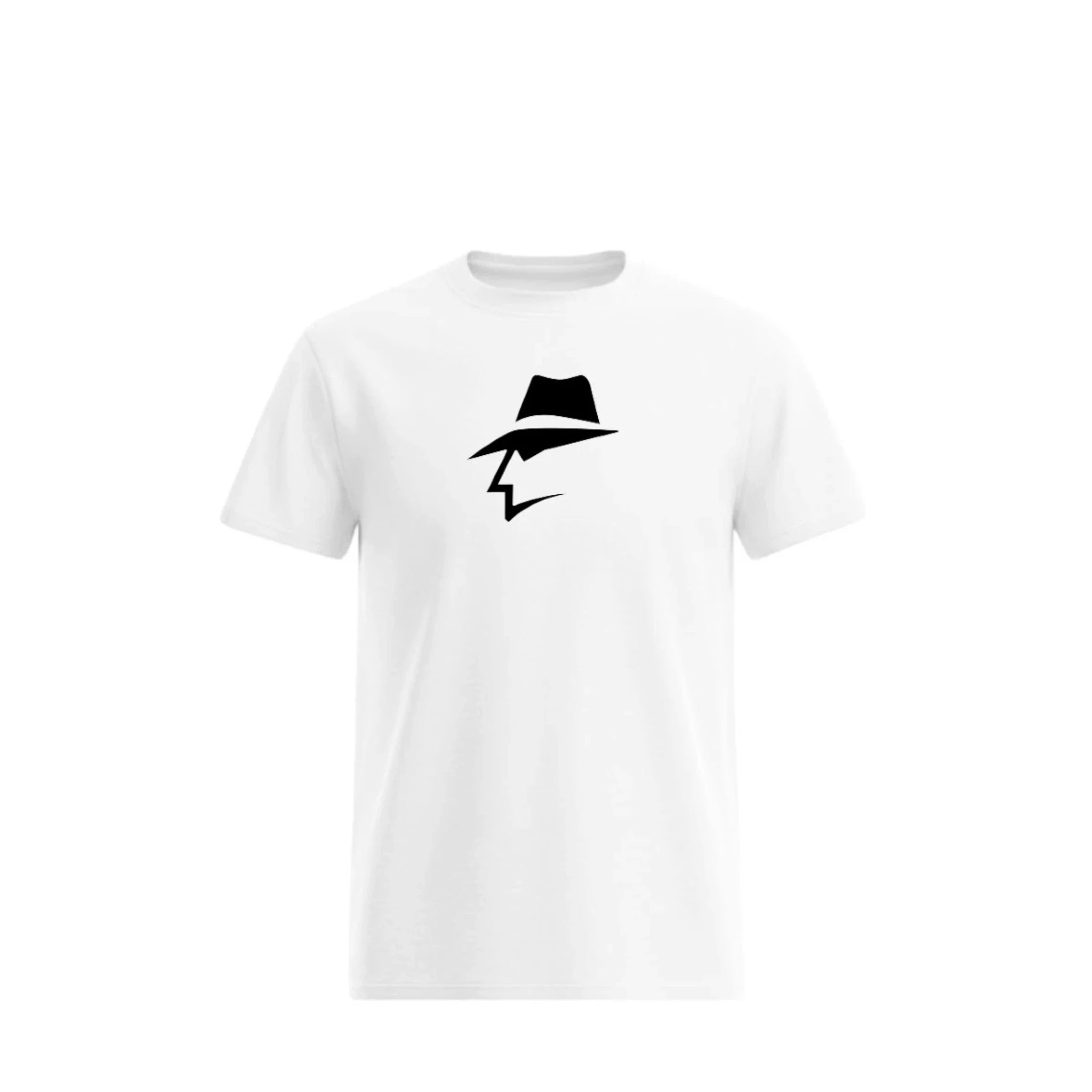 White t-shirt with a head logo on a white background