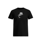 Black t-shirt with a head logo design on a white background