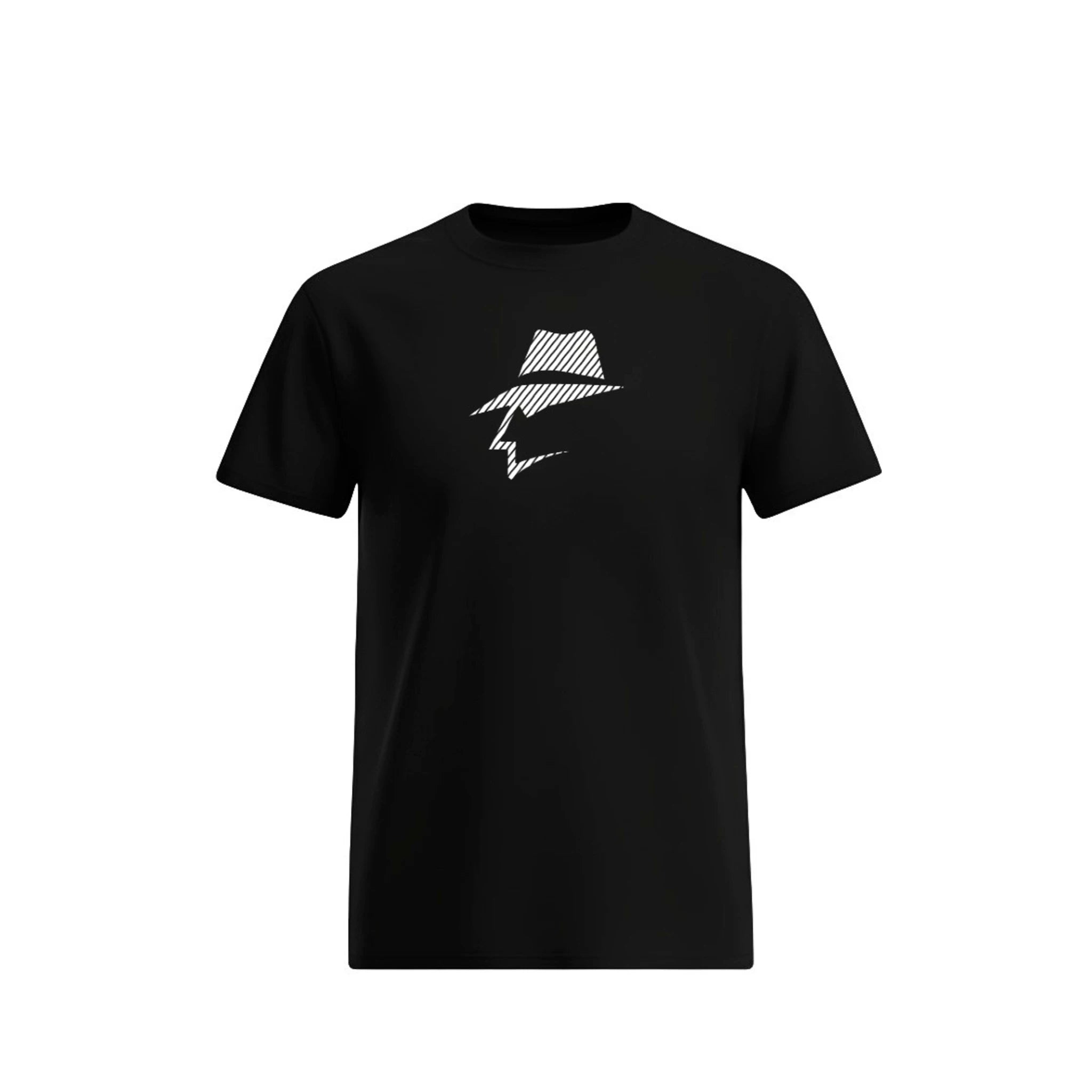 Black t-shirt with a head logo design on a white background
