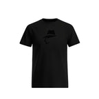 Black t-shirt with a head logo on a white background